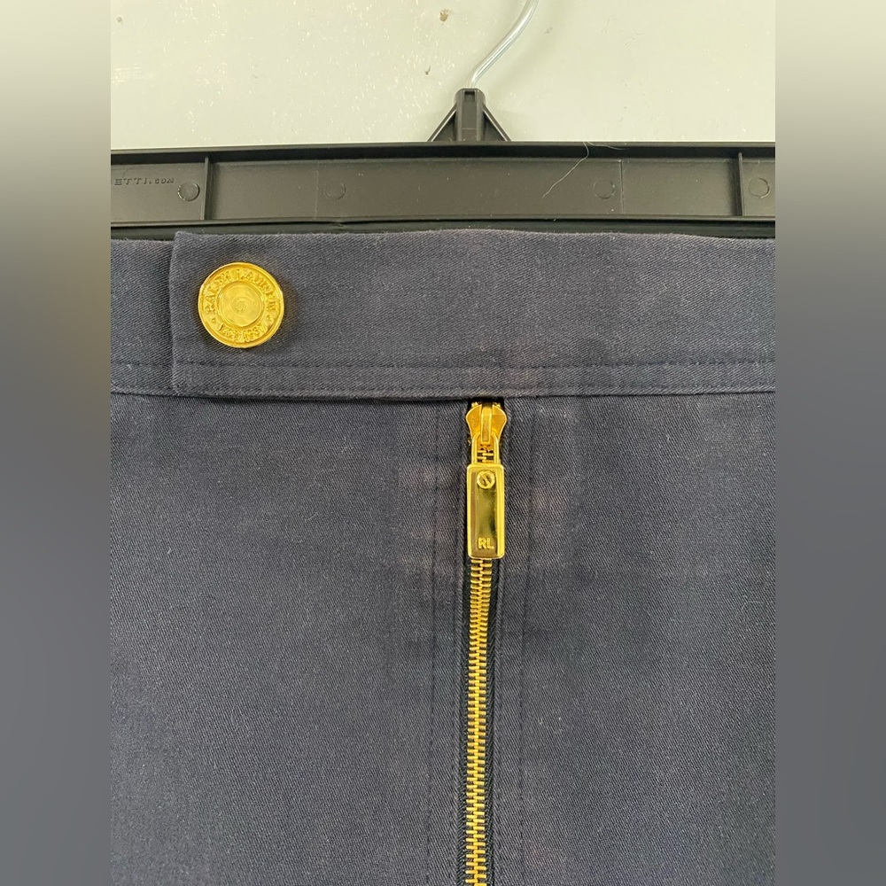 Ralph Lauren Black Label Size 14 Navy Blue Pencil Skirt Zipper Front Gold Chic - Picture 3 of 8